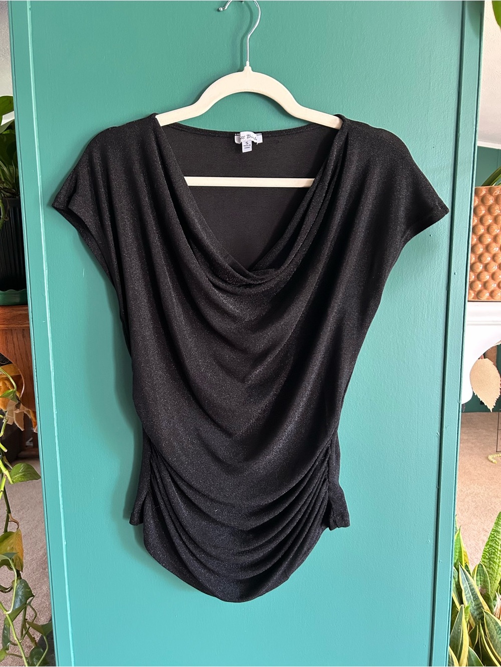 Black Draped Ruched Shimmer Women's Top